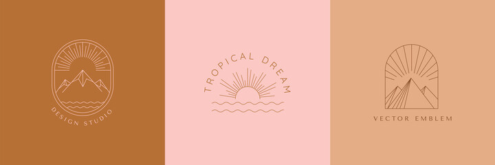Vector set of linear boho icons and symbols - sun logo design templates  - abstract design elements for decoration in modern minimalist style