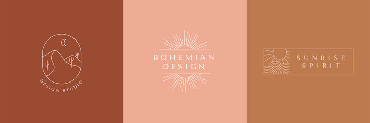 Vector set of linear boho icons and symbols - sun logo design templates  - abstract design elements for decoration in modern minimalist style