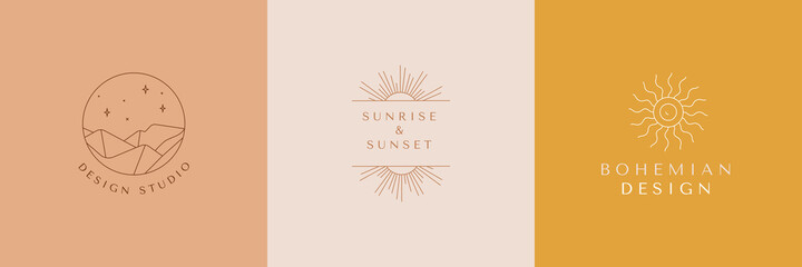 Vector set of linear boho icons and symbols - sun logo design templates  - abstract design elements for decoration in modern minimalist style