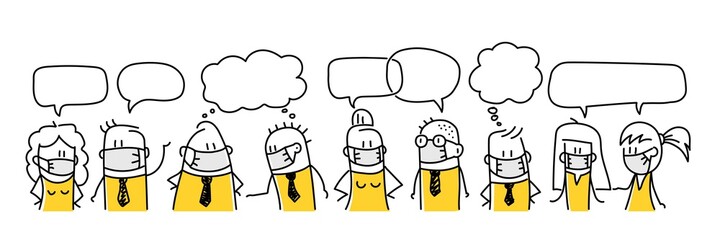 Funny people in protection masks with speech bubbles. 