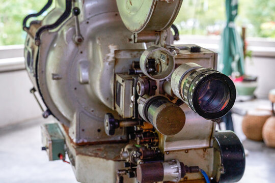 A close-up of the appearance of a retro vintage film movie projector