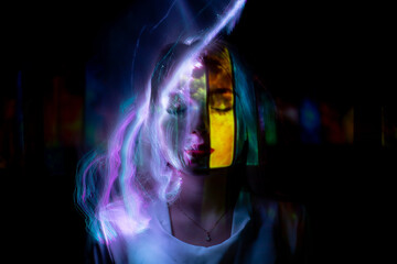 lightpainting portrait, new art direction, long exposure photo without photoshop, light drawing at long exposure