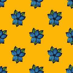 Obraz premium Cartoon blue doodle flowers on an abstract orange background.