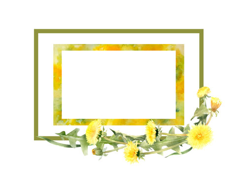 Watercolor flower arrangement, frame of yellow dandelion flowers