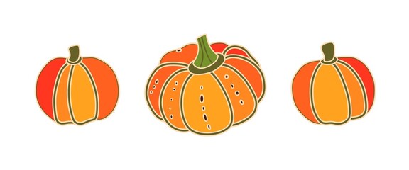 Pumpkins on a white background. Vector illustration of pumpkin. Autumn set of icons. Collection for Halloween and Thanksgiving. Abstract hand drawn decorative pumpkin. Autumn harvest. Food, vegetables