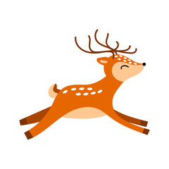 Cute cartoon running deer. Funny woodland character isolated on white background. Vector illustration.