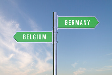 Sign indicating the direction of the borders between two countries Belgium, Germany ,  3d render.