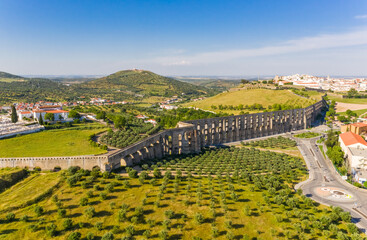 Aerial view of Amoreira Aqueduct in the city of Elvas, Portugal.