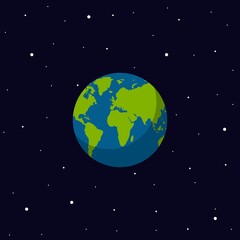 Planet Earth in space with stars in flat style. World globe vector illustration