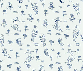 Trendy hand drawn island vector seamless pattern vintage mood sea,sun ,palm trees, sailboat ,sky The Summer mood illustration.Design for fashion,fabric,wallpaper and all prints on cream background.