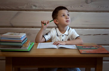 The boy is studying at the table at home
