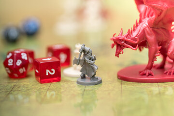Detail of two miniatures on the battlefield of the role-playing game of dungeons and dragons.