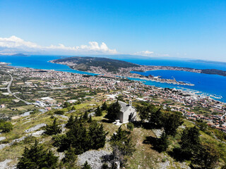 TROGIR, CROATIA, June 2020. Aerial view of Trogir and Čiovo island in Dalmatia. Adriatic sea and clear blue sky.
