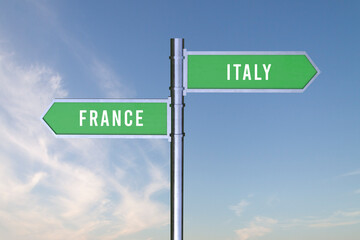 Sign indicating the direction of the borders between two countries France, Italy ,  3d render.