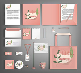 Pink corporate identity template with floral ornament in the style of minimalism.