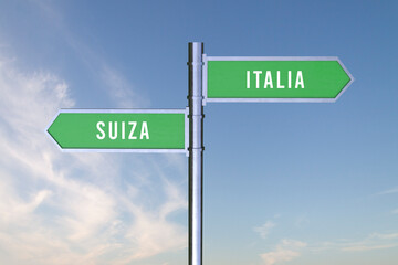 Sign indicating the direction of the borders between two countries Suiza, Italia,  3d render.