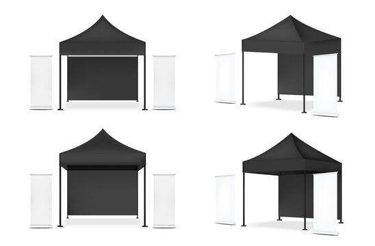 3D Mock up Realistic Tent Display POP Booth With Banner for Sale Marketing Promotion Exhibition Background Illustration