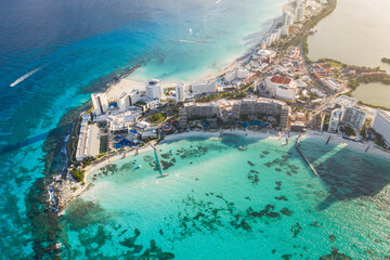 Aerial view of hotel resorts at Punta Cancun in Cancun, Mexico.