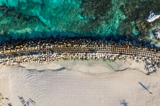 Aerial view of sea armour rocks at Punta Cancun in Cancun, Mexico.