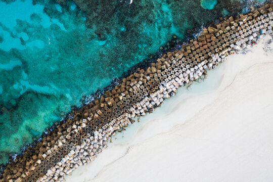Aerial view of sea armour rocks at Punta Cancun in Cancun, Mexico.