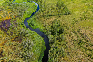 Aerial view of river and forest in Finnish Lapland