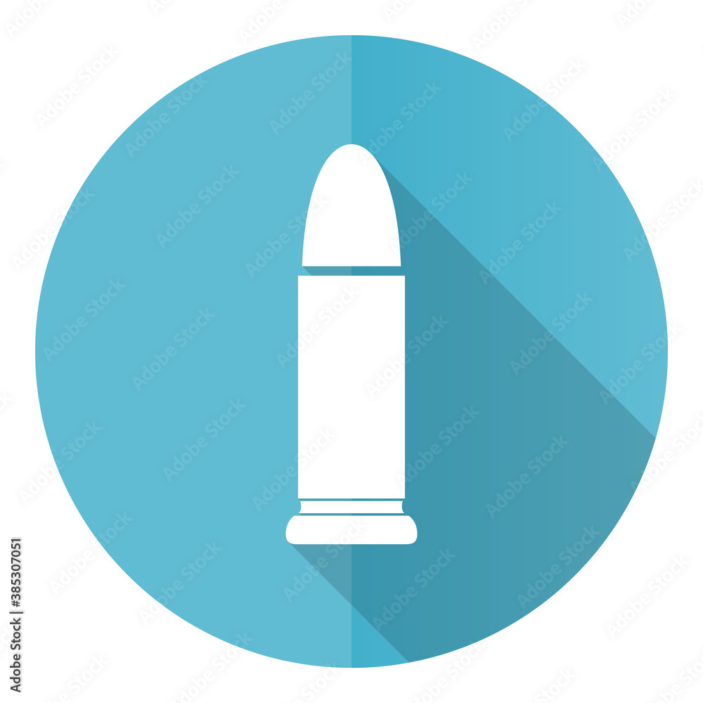 Poster ammunition vector icon, flat design blue round web button isolated on white background