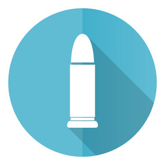 Ammunition vector icon, flat design blue round web button isolated on white background
