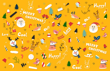 Christmas pattern seamless background with Christmas decorations, cute funny animals.