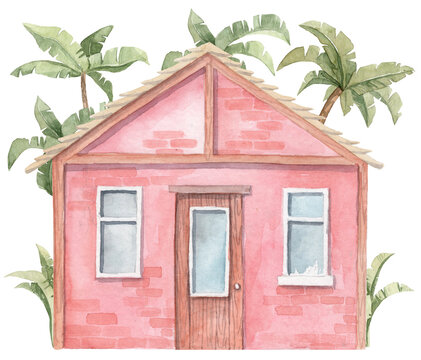 Watercolor hand painted beach house with palm trees