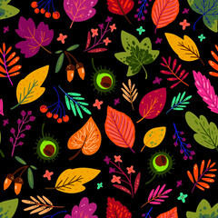 Obraz premium Seamless vector pattern with autumn leaves.Acorns.Flowers. Perfect for wallpaper, gift paper, pattern fills, web page background, autumn greeting cards. Scandinavian design. Black background. Trendy