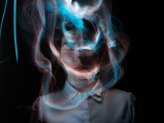 lightpainting portrait, new art direction, long exposure photo without photoshop, light drawing at long exposure