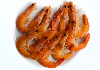 Seafood.Cooked shrimp. Shrimp on a white plate