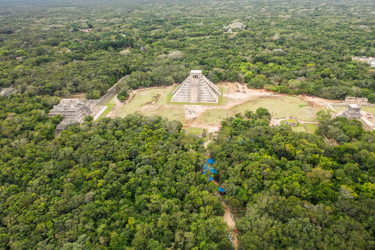 Aerial view of Chichen Itza pyramids, Mexico.
