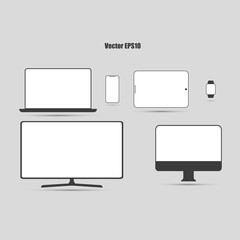 Device icons. Smart watch, smart phone, laptop, monitor, tablet, TV, on a gray background. Vector EPS10