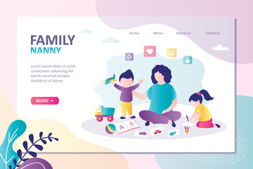 Nanny playing with children in toys. Mother sitting with son and daughter. Female character taking care of kids. Landing page template