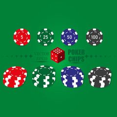 Poker set of casino chips icons with shadow. Red, green, blue, black poker chips. Vector isolated on green background. Vector EPS10