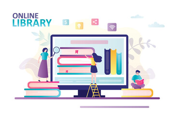 Women choose book on computer screen. Cartoon man reads book. Concept of online library, ebook and web archive