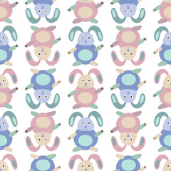 Seamless vector pattern illustration of a cute cartoon bunny in pastel colors on white background. The design is perfect for decorations, backgrounds, packaging, wrapping paper, nursing textiles