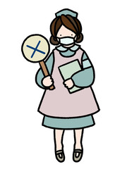 コロナにも対応　マスクをしたナースがバツの札を持って分かりやすく案内する手描きイラスト(モノクロ)