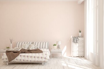 White bedroom interior. Scandinavian design. 3D illustration