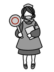 コロナにも対応　マスクをしたナースがマルの札を持って分かりやすく案内する手描きイラスト(モノクロ)