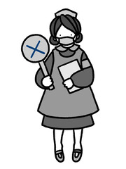 コロナにも対応　マスクをしたナースがバツの札を持って分かりやすく案内する手描きイラスト(モノクロ)