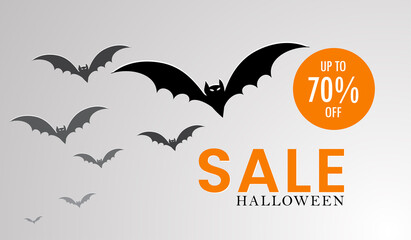 Halloween sale banner template, Halloween symbols of bats flying, Halloween party invitation concept, white background with text of sale price up to 70% off, Halloween vectors.