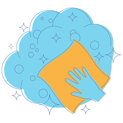 Cleaning napkin in the hand. Cleaning and disinfection of premises. Disinfection of all surfaces. Sanitizing of objects. Sanitation and hygiene sign. Vector