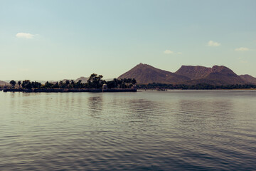 Mesmerizing view of Fateh Sagar Lake situated in the city of Udaipur, Rajasthan, India. It is an artificial lake constructed north-west of city, named after king Fateh Singh of Udaipur.