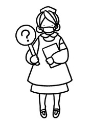 コロナにも対応　マスクをしたナースがハテナの札を持って分かりやすく案内する手描きイラスト(線画のみ)
