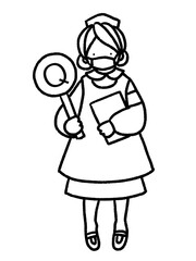 コロナにも対応　マスクをしたナースがクエスチョンの札を持って分かりやすく案内する手描きイラスト(線画のみ)