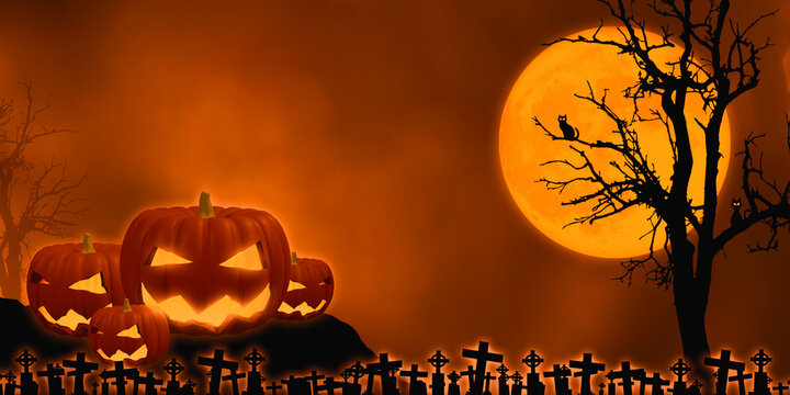 3d illustration The Halloween Background features pumpkins, bats and skeletons over a reddish orange backdrop with a full moon at night.