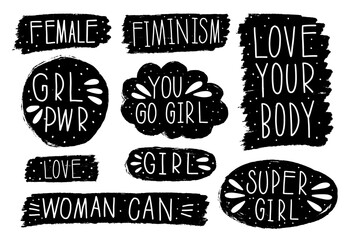 Fototapeta premium Collection hand drawn communicate feminism speech. Design element slogan doodle business message.