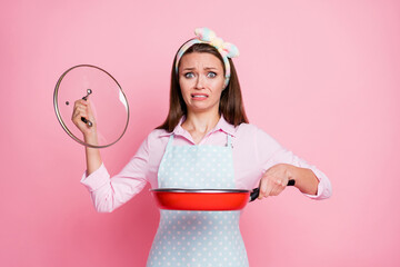 Portrait of her she nice attractive pretty funky brown-haired housewife learning cooking national...